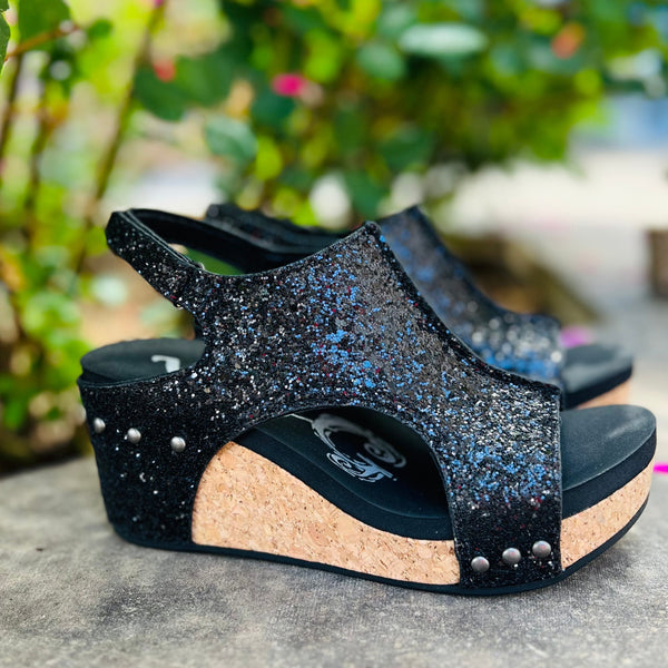 Black glitter shop wedge sandals