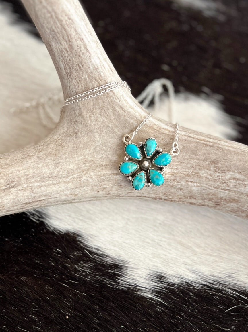 Turquoise Princess Flower Navajo Sterling Silver Necklace | gussieduponline