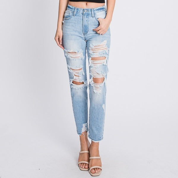 Distressed High Waisted Rigid Mom Jeans | gussieduponline
