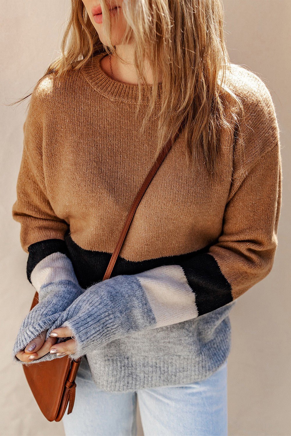 Brown Color Block Striped Knit Sweater | gussieduponline