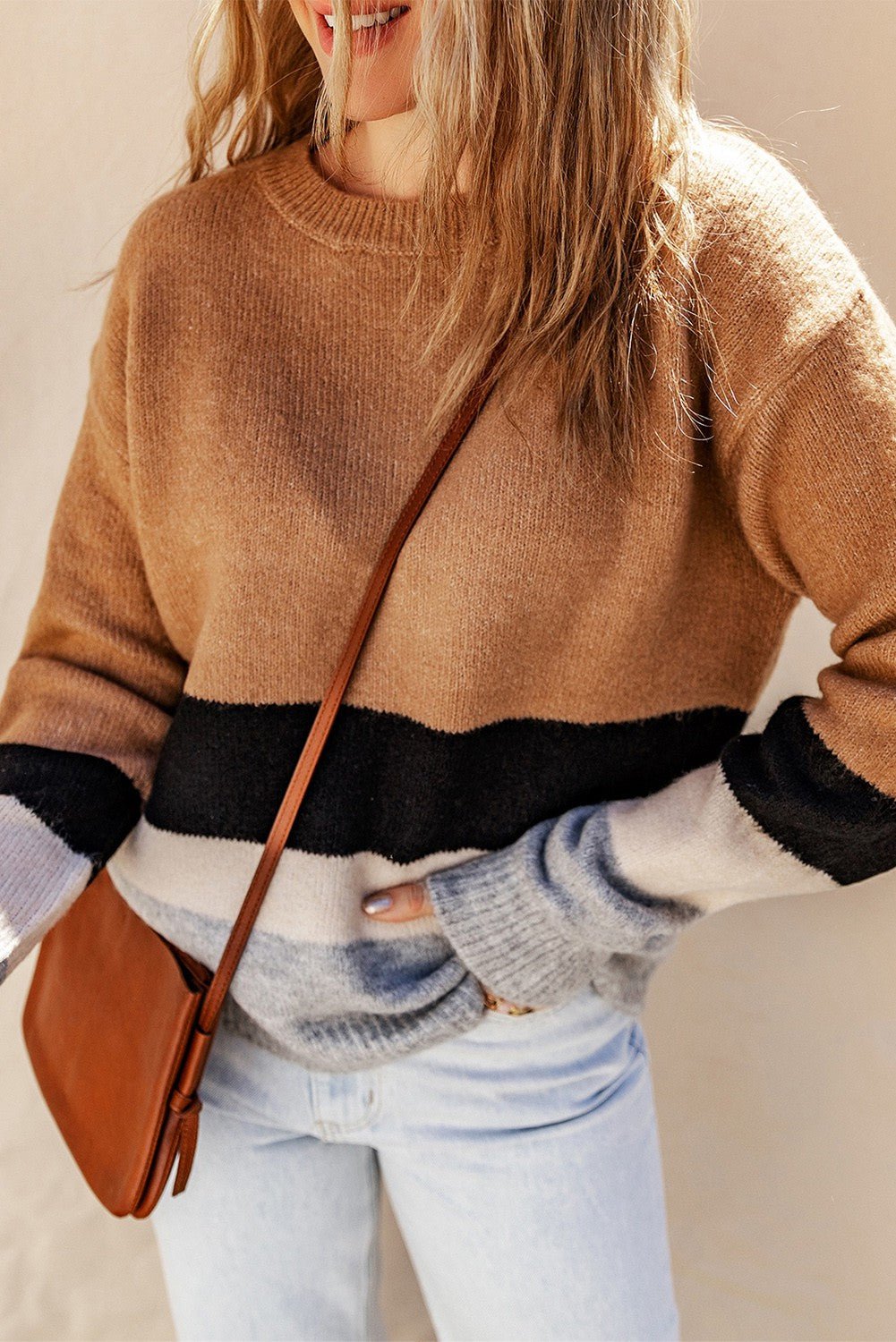 Brown Color Block Striped Knit Sweater | gussieduponline