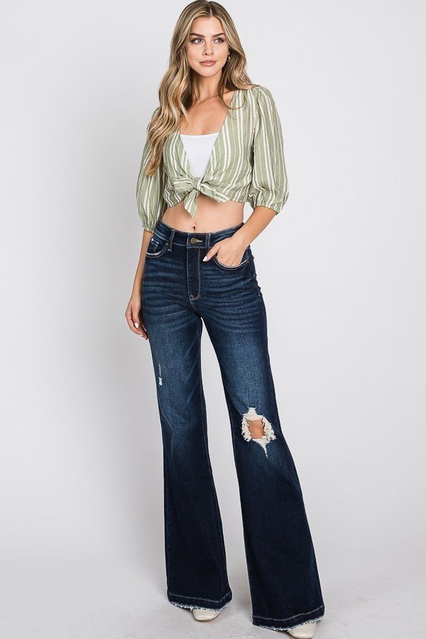 Dark Wash Distressed Super High Rise Flare 70's Flares | gussieduponline