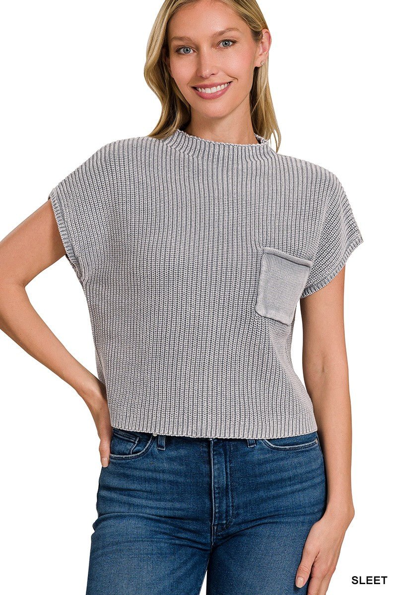 Washed Mock Neck Cropped Sweater Vest Top | gussieduponline