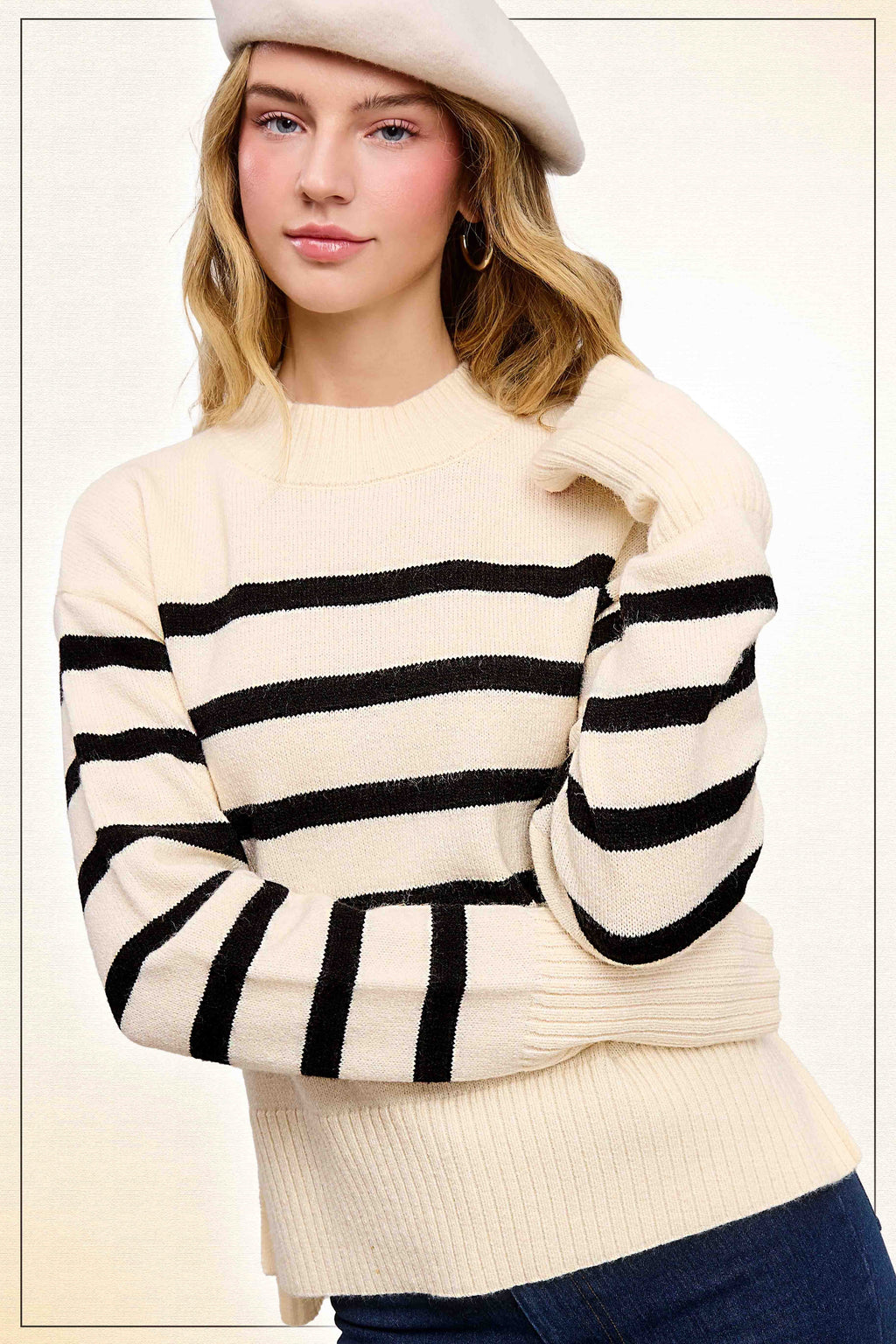 Super Soft Ribbed Striped Mock Neck Loose Fit Sweater | gussieduponline