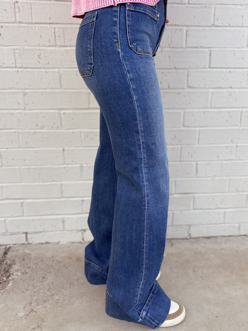 High Rise Wide Flare Patch Pocket Jeans | gussieduponline