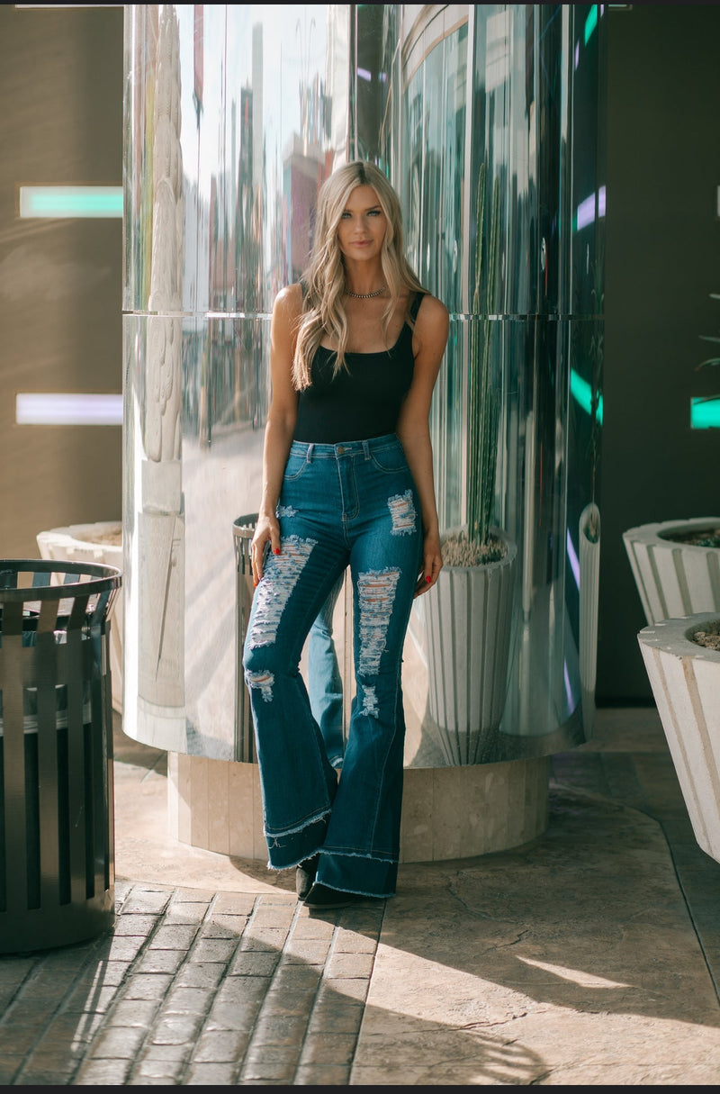 Retro Girl Dark Wash Flares | gussieduponline