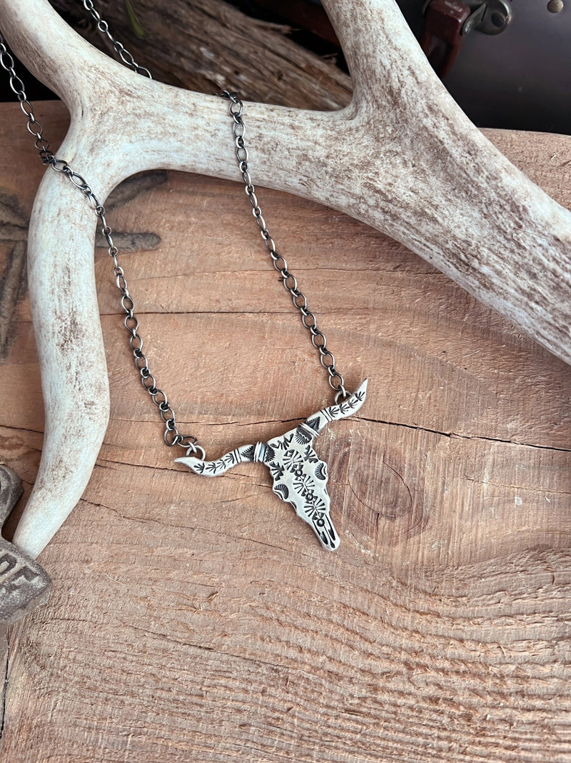 Texas Walker Longhorn Navajo Handcrafted Sterling Necklace | gussieduponline