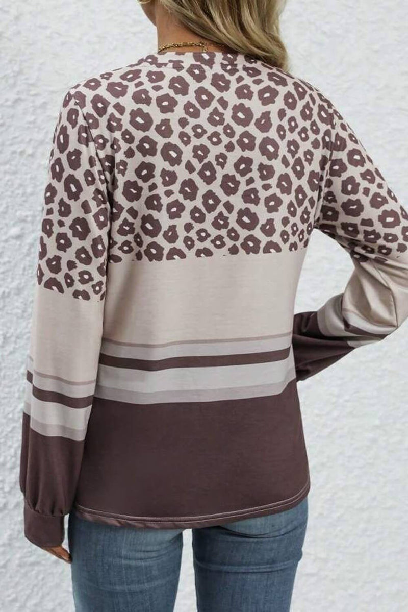 Brown Leopard Color Block Crewneck Long Sleeve Top | gussieduponline