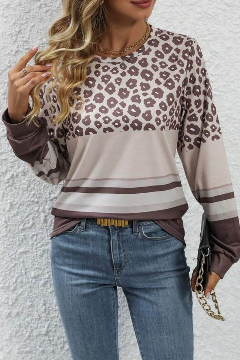 Brown Leopard Color Block Crewneck Long Sleeve Top | gussieduponline