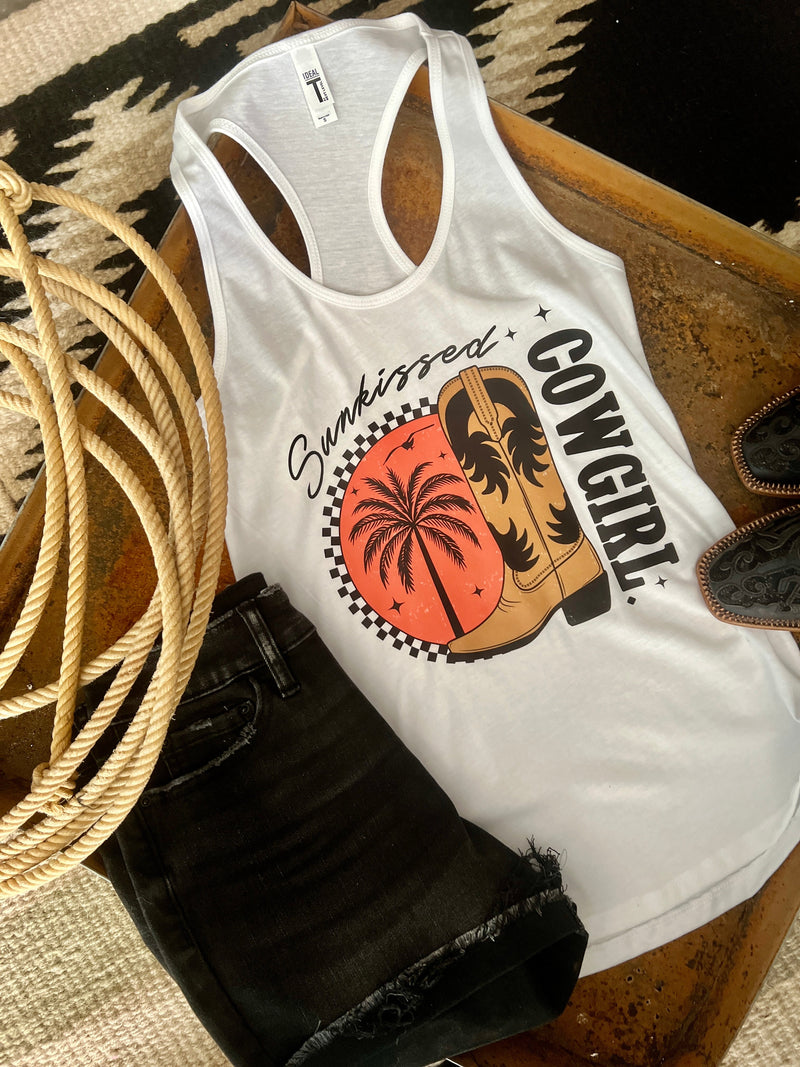 Sunkissed Cowgirl Graphic Racerback Tank | gussieduponline