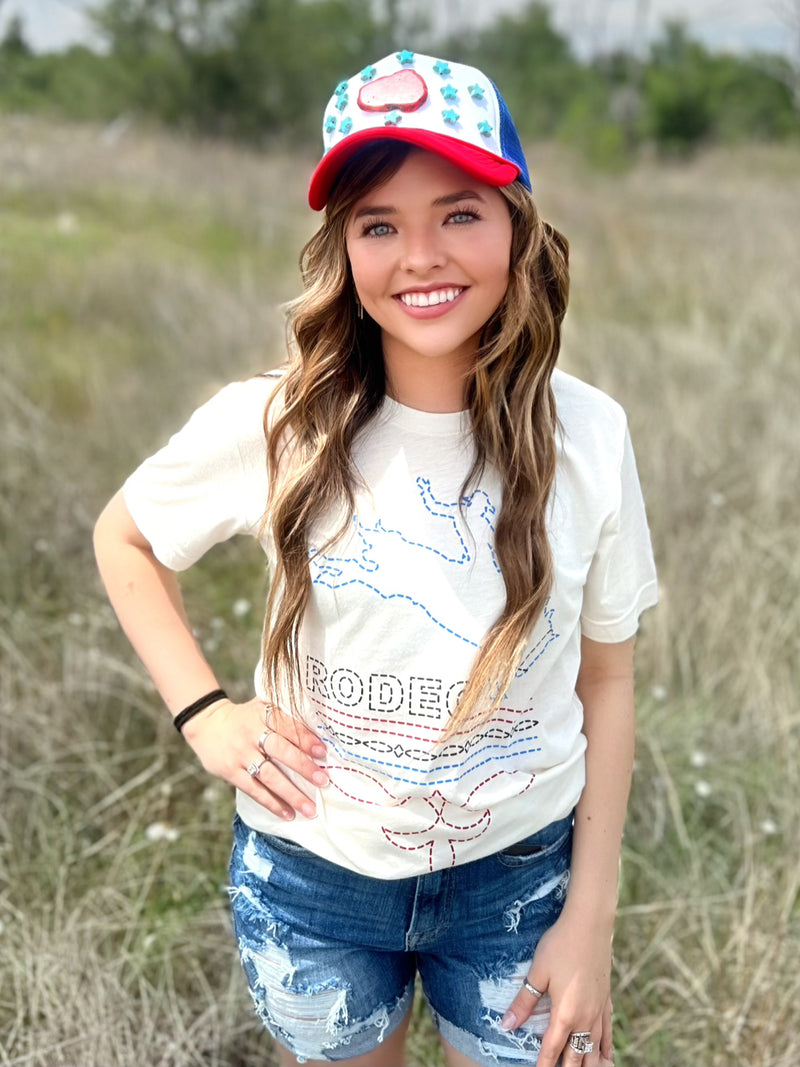 Sterling Kreek Too Cool for British Rule Tee I Gussieduponline. top. women's top. white. graphic tee. red. blue. independence. freedom. short sleeve. scoop neck. apparel. women's western boutique. small business. Ships fast from Texas.