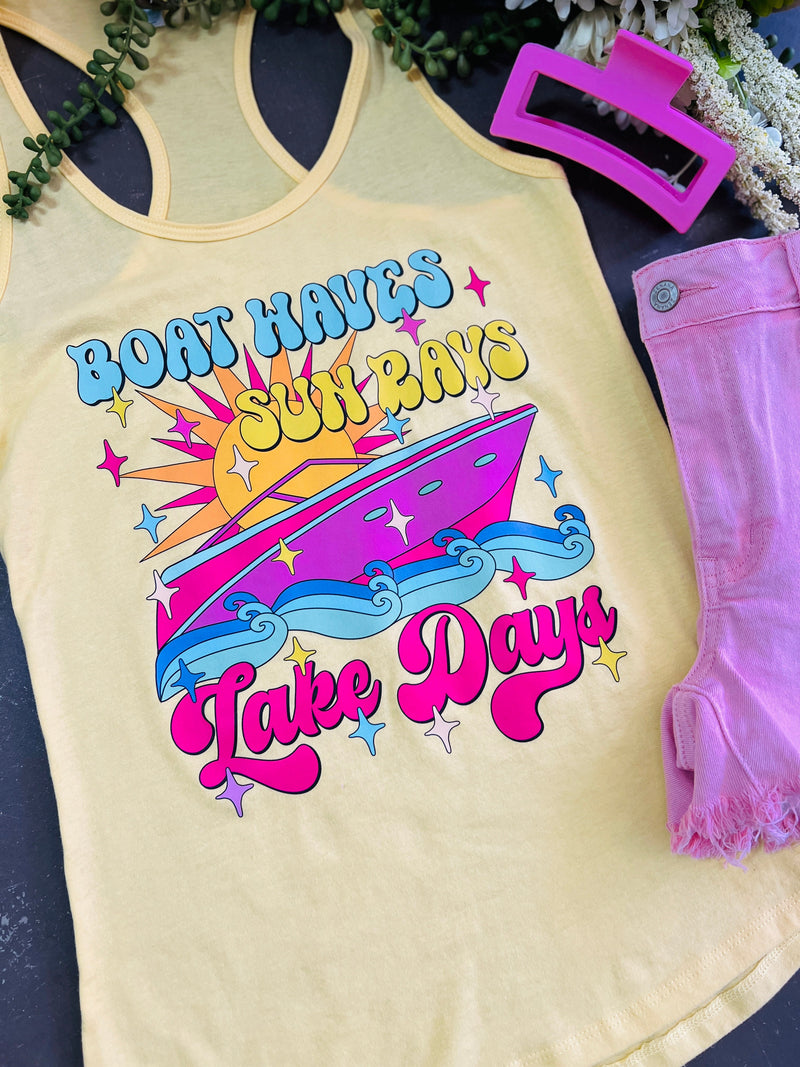 Boat Waves Lake Days Yellow Racer Back Tank | gussieduponline