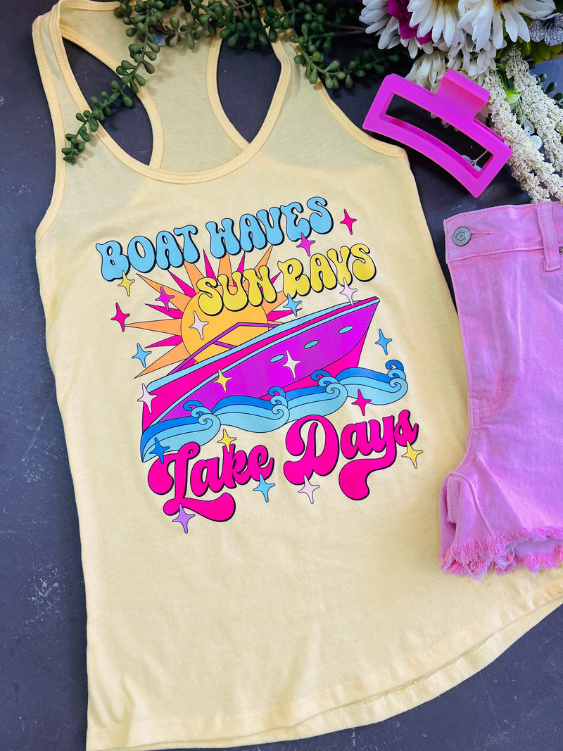 Boat Waves Lake Days Yellow Racer Back Tank | gussieduponline