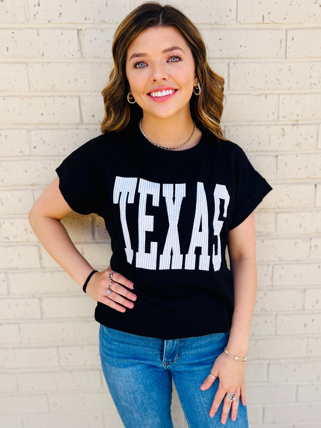 TEXAS Black Graphic Ribbed Top | gussieduponline