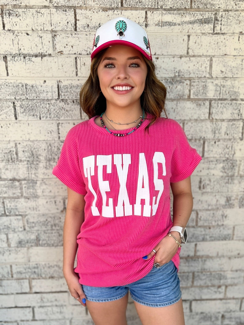 TEXAS Hot Pink Ribbed Top | gussieduponline