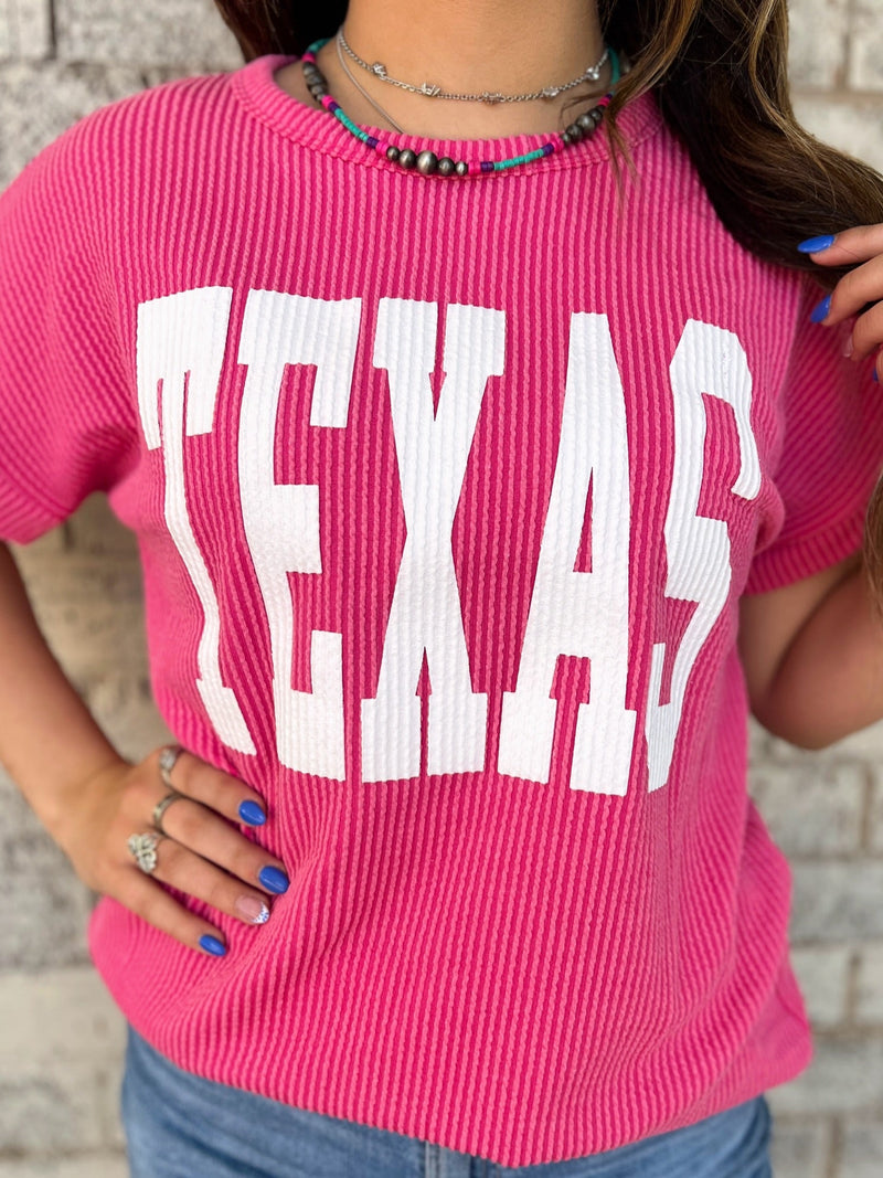 TEXAS Hot Pink Ribbed Top | gussieduponline