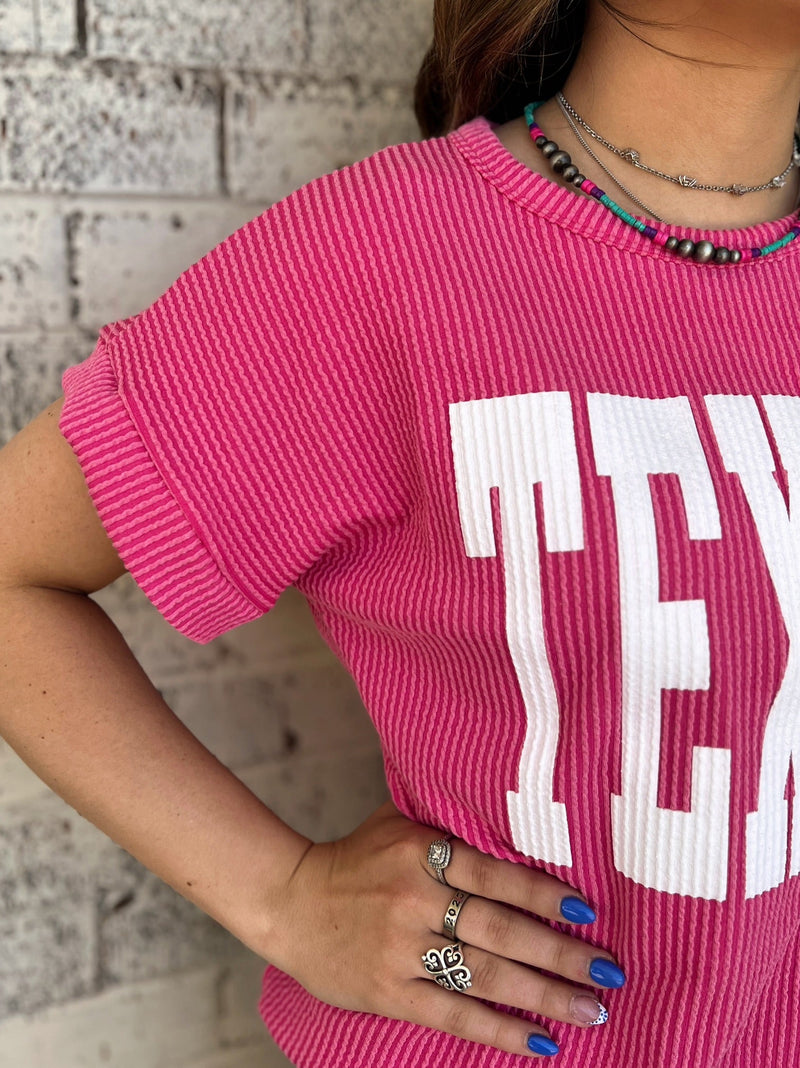 TEXAS Hot Pink Ribbed Top | gussieduponline