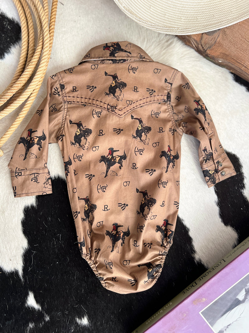 Kid's Vintage Bronc Brown Long Sleeve Romper | gussieduponline