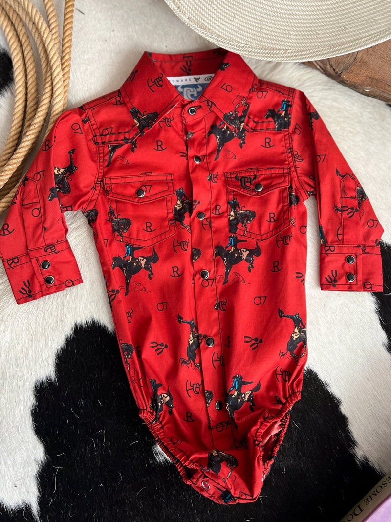 Kid's Vintage Bronc Red Long Sleeve Romper | gussieduponline