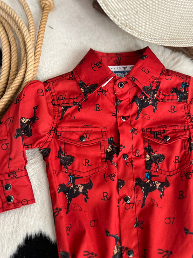 Kid's Vintage Bronc Red Long Sleeve Romper | gussieduponline