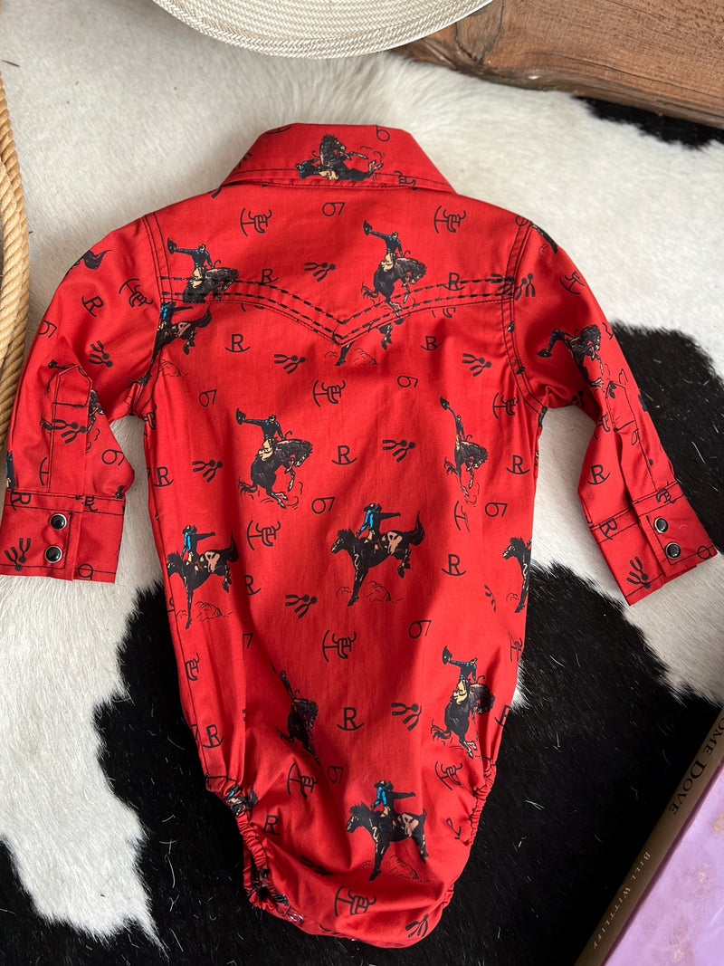 Kid's Vintage Bronc Red Long Sleeve Romper | gussieduponline