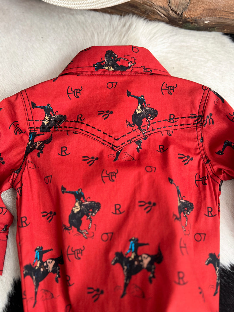 Kid's Vintage Bronc Red Long Sleeve Romper | gussieduponline