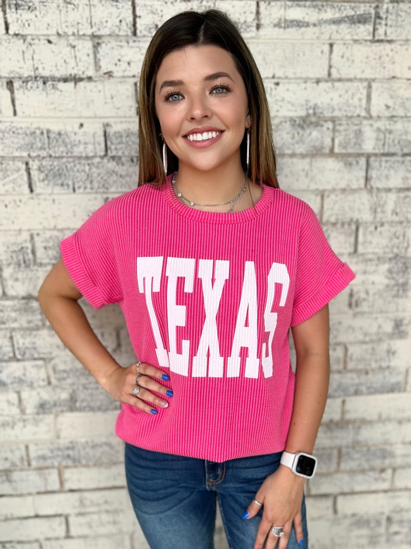 TEXAS Hot Pink Ribbed Top | gussieduponline