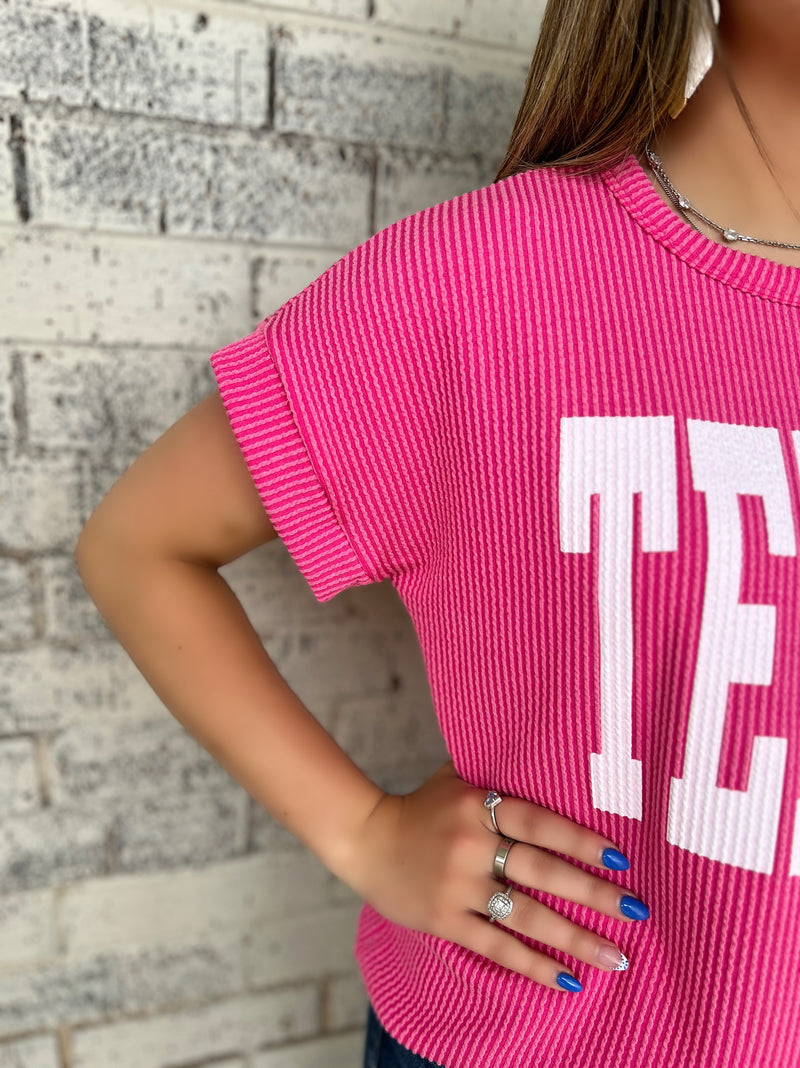 TEXAS Hot Pink Ribbed Top | gussieduponline