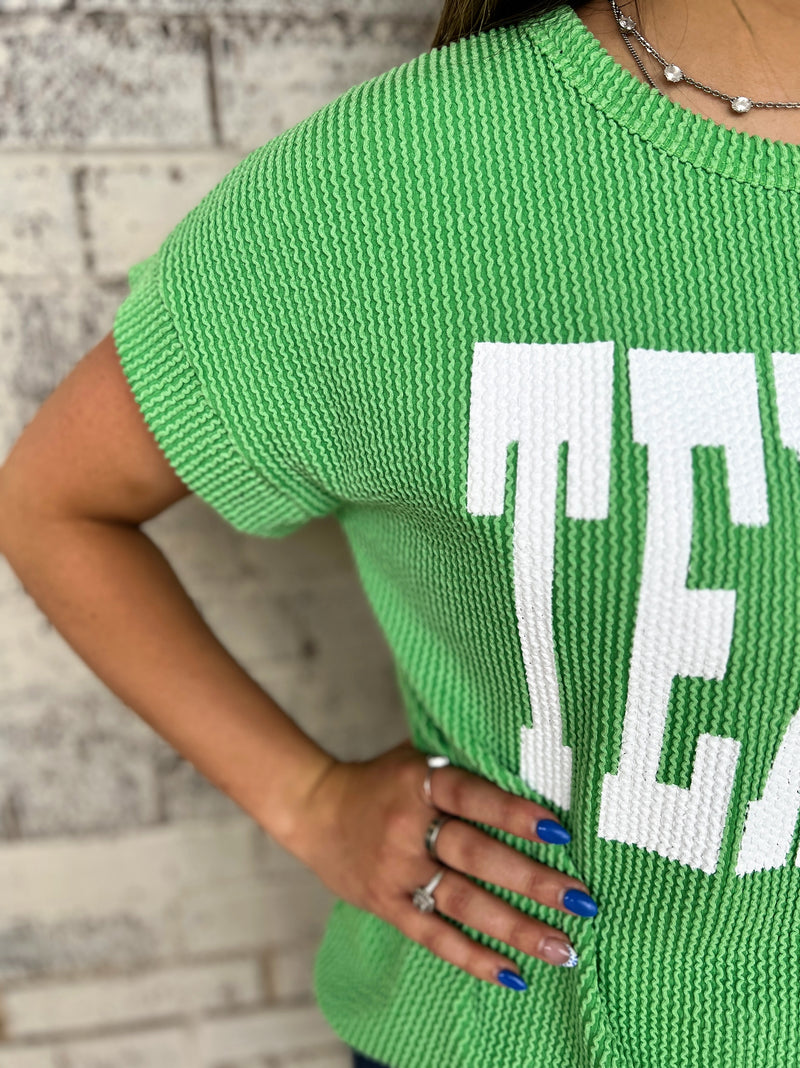 TEXAS Green Ribbed Top | gussieduponline