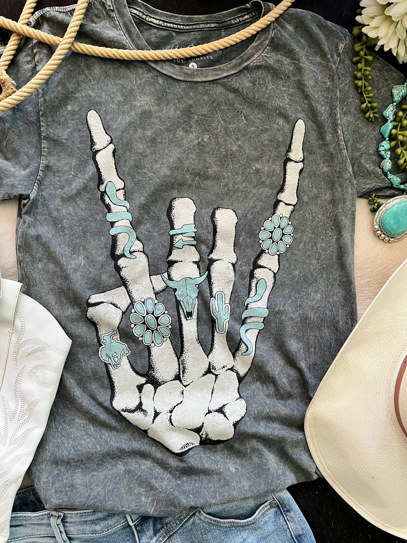 Skeleton Rock Hand Sign Graphic Tee | gussieduponline