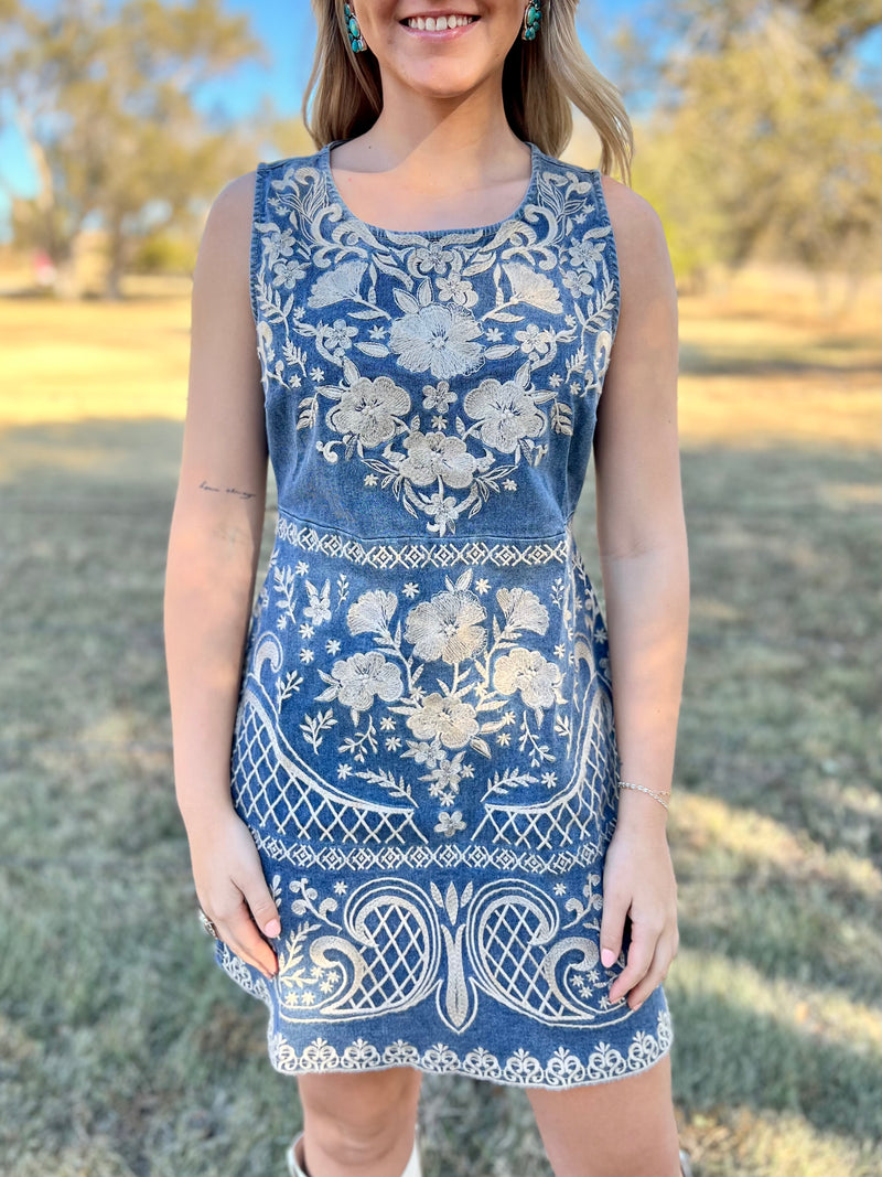 Denim And Grace Embroidered Dress | gussieduponline