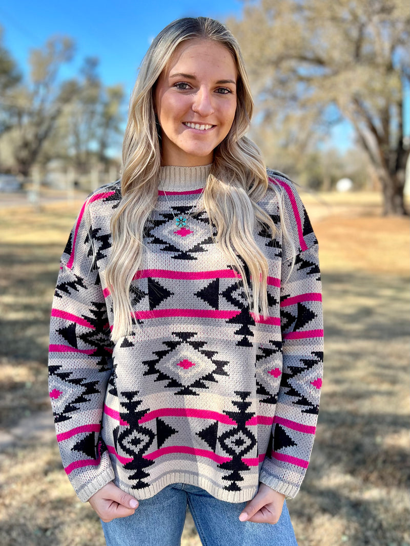 Black And Pink Aztec Knitted Sweater | gussieduponline