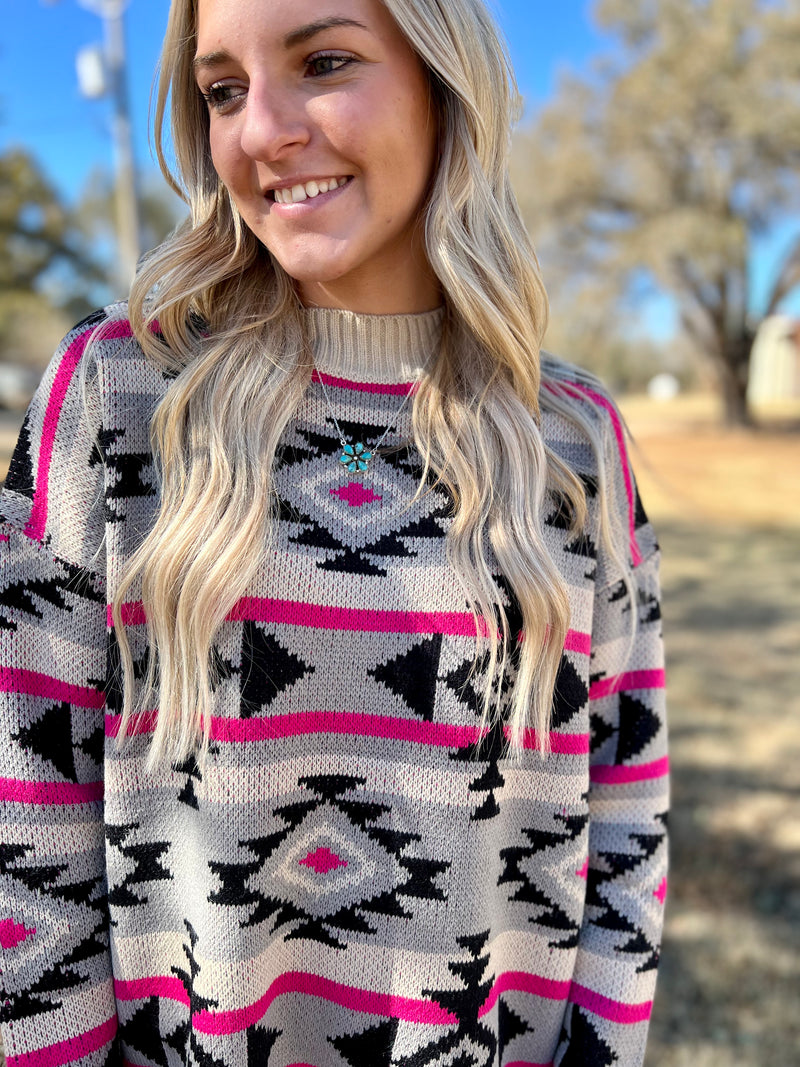 Black And Pink Aztec Knitted Sweater | gussieduponline