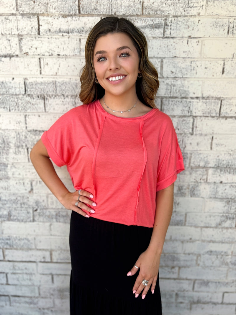 Coral Pink Round Neck Top | gussieduponline