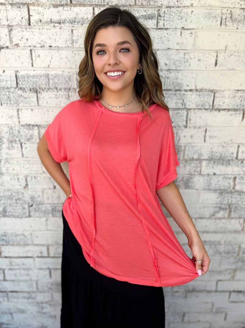 Coral Pink Round Neck Top | gussieduponline