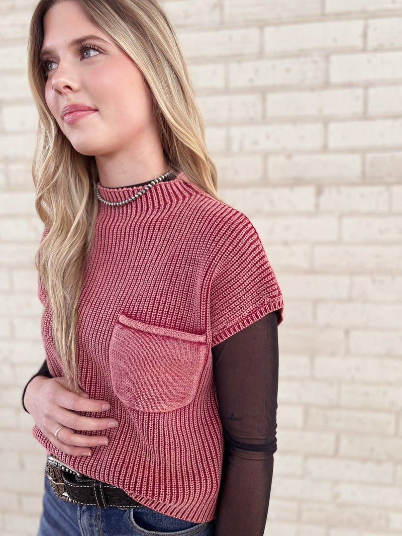 Washed Mock Neck Cropped Sweater Vest Top | gussieduponline