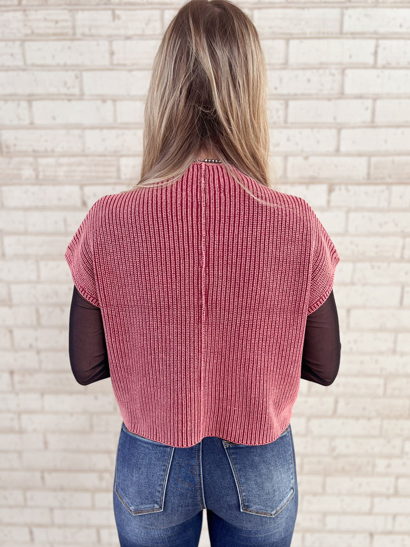 Washed Mock Neck Cropped Sweater Vest Top | gussieduponline