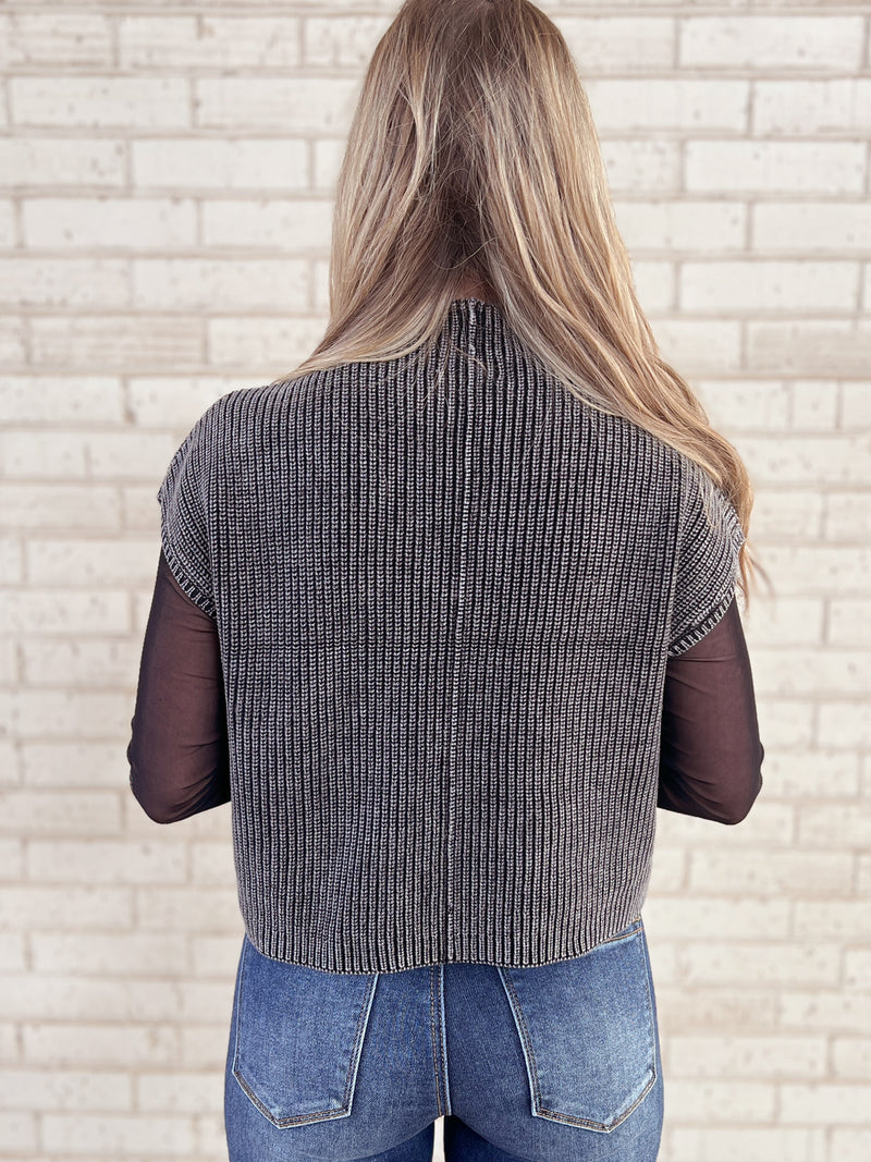 Washed Mock Neck Cropped Sweater Vest Top | gussieduponline