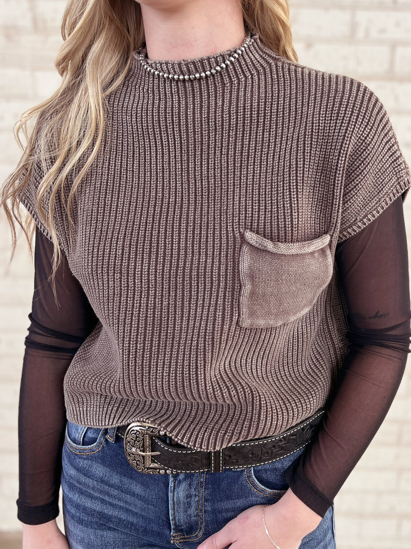 Washed Mock Neck Cropped Sweater Vest Top | gussieduponline