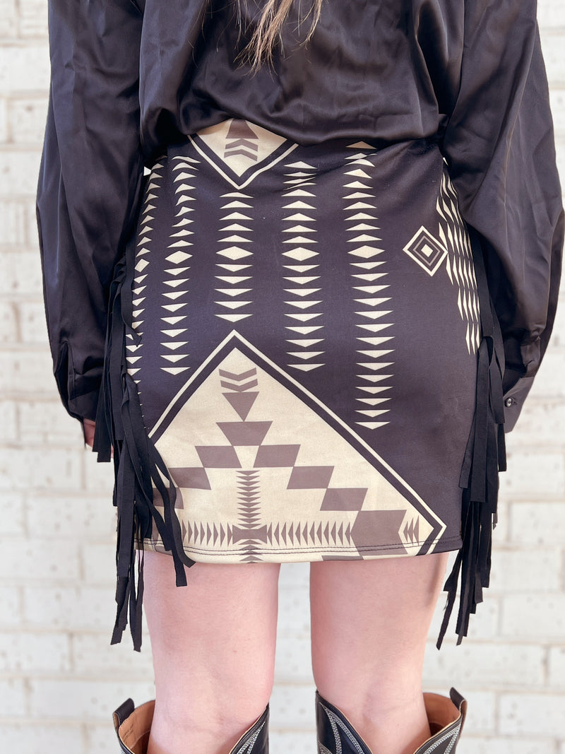 Aztec Printed Double Side Fringe Skirt | gussieduponline