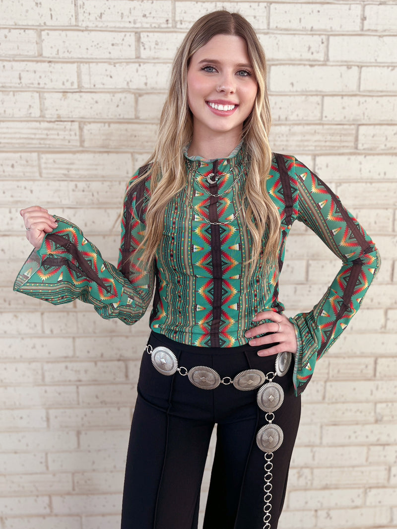 Green Southwestern Aztec Bell Sleeve Mesh Top | gussieduponline