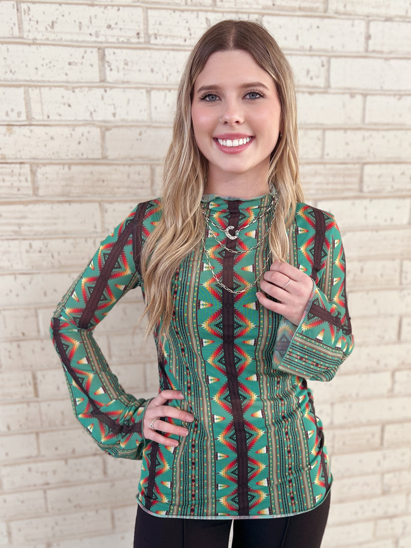 Green Southwestern Aztec Bell Sleeve Mesh Top | gussieduponline