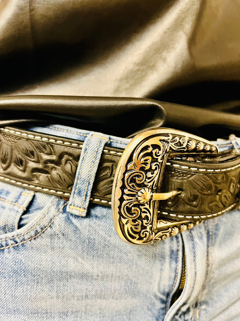 Sunflower Of The Night Tooled Leather Belt | gussieduponline
