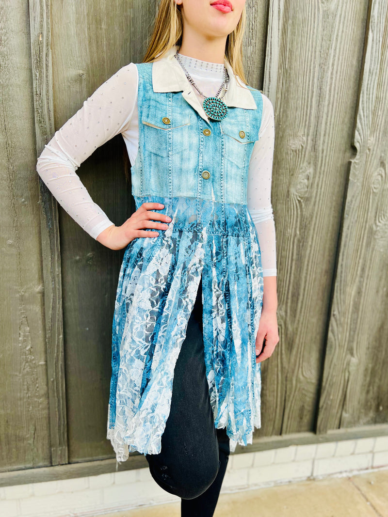 Denim Lace Layered Vest Cardigan | gussieduponline