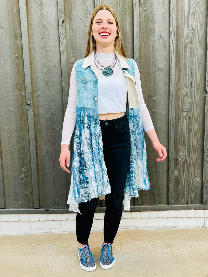 Denim Lace Layered Vest Cardigan | gussieduponline