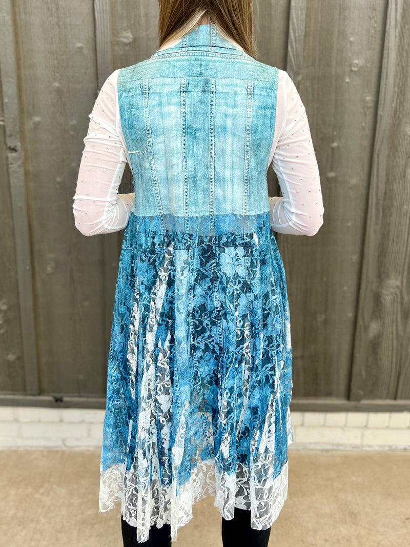 Denim Lace Layered Vest Cardigan | gussieduponline