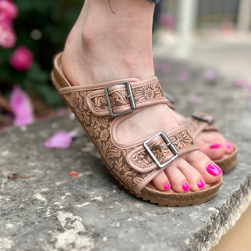 Very G Shoes I Gussied Up Online. leather. tooled leather. tooled. burkies. slip on. comfort. comfortable. tan. sandals. small business. Western Women's Boutique. Ships fast from Texas.