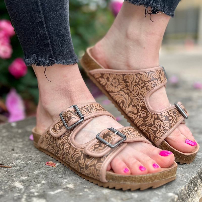 Very G Shoes I Gussied Up Online. leather. tooled leather. tooled. burkies. slip on. comfort. comfortable. tan. sandals. small business. Western Women's Boutique. Ships fast from Texas.