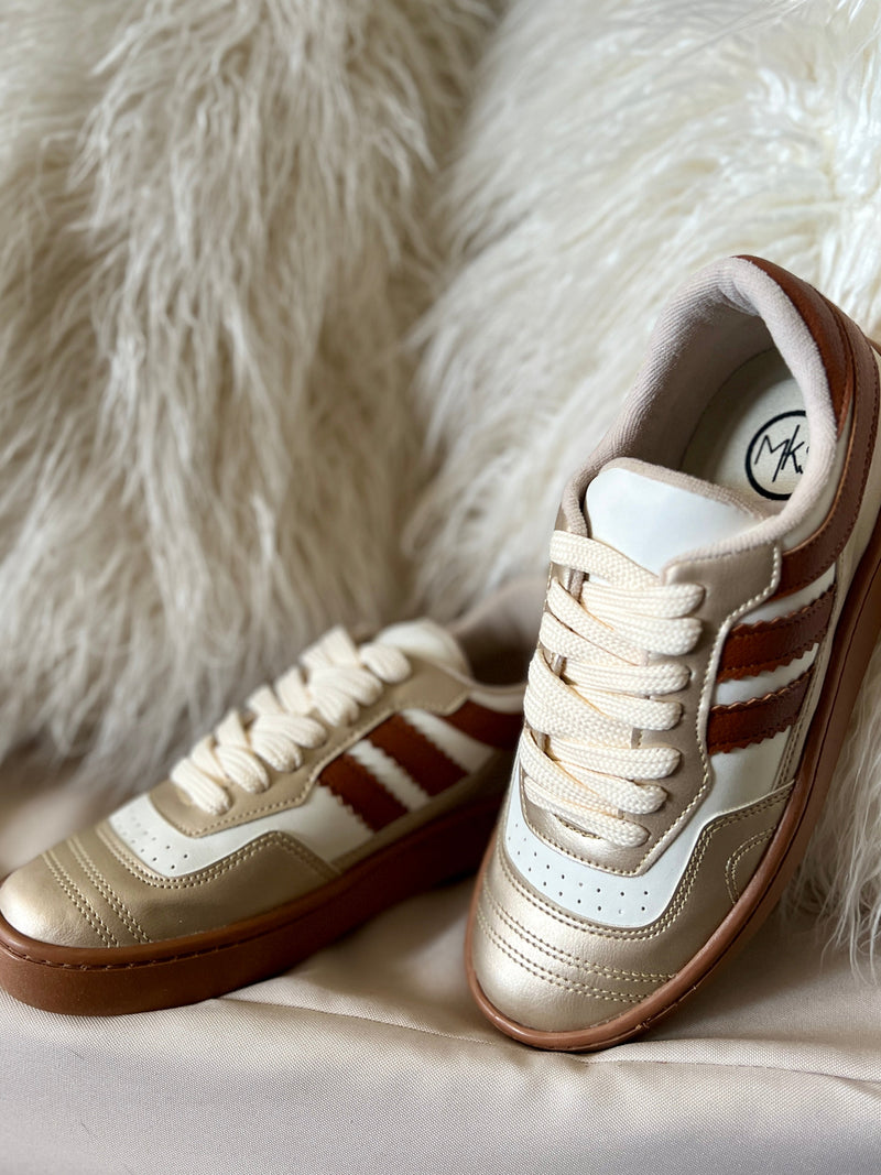 Maker's Shoes I Gussieduponline sneakers. tennis shoes. super comfortable. white. gold. rust. striped. athletic shoe. Women's Boutique. Women Owned Boutique. Small Business.