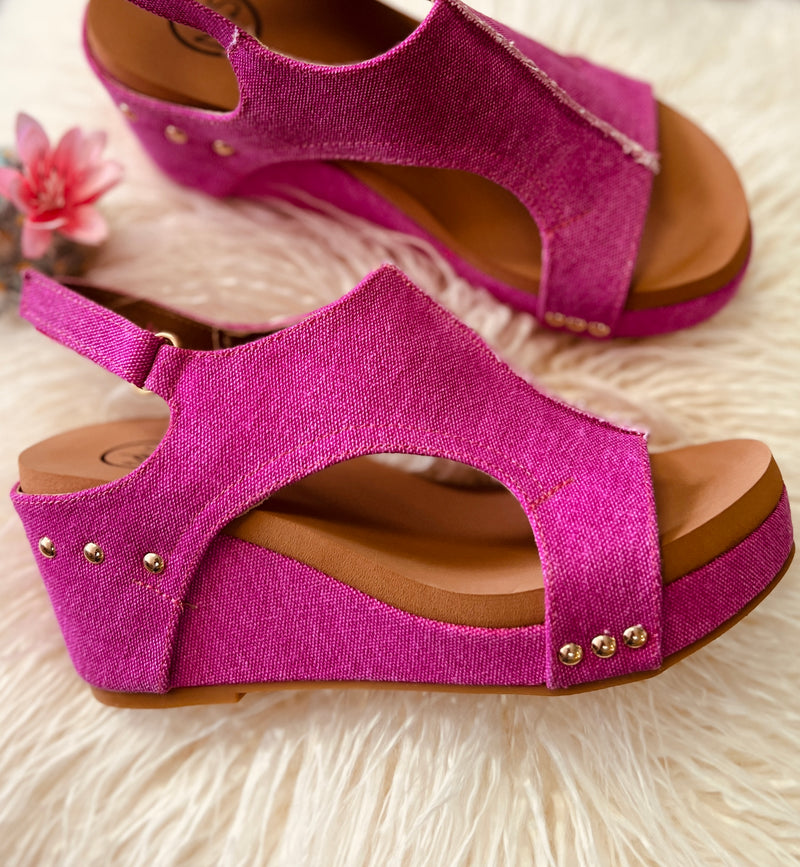 Maker's Shoes I Gussied Up Online fuchsia. colored denim. wedges. sandals. ankle strap. open toe. pink. comfortable. comfort sole. shoes. Small Business. Woman Owned Boutique. Ships fast from Texas.